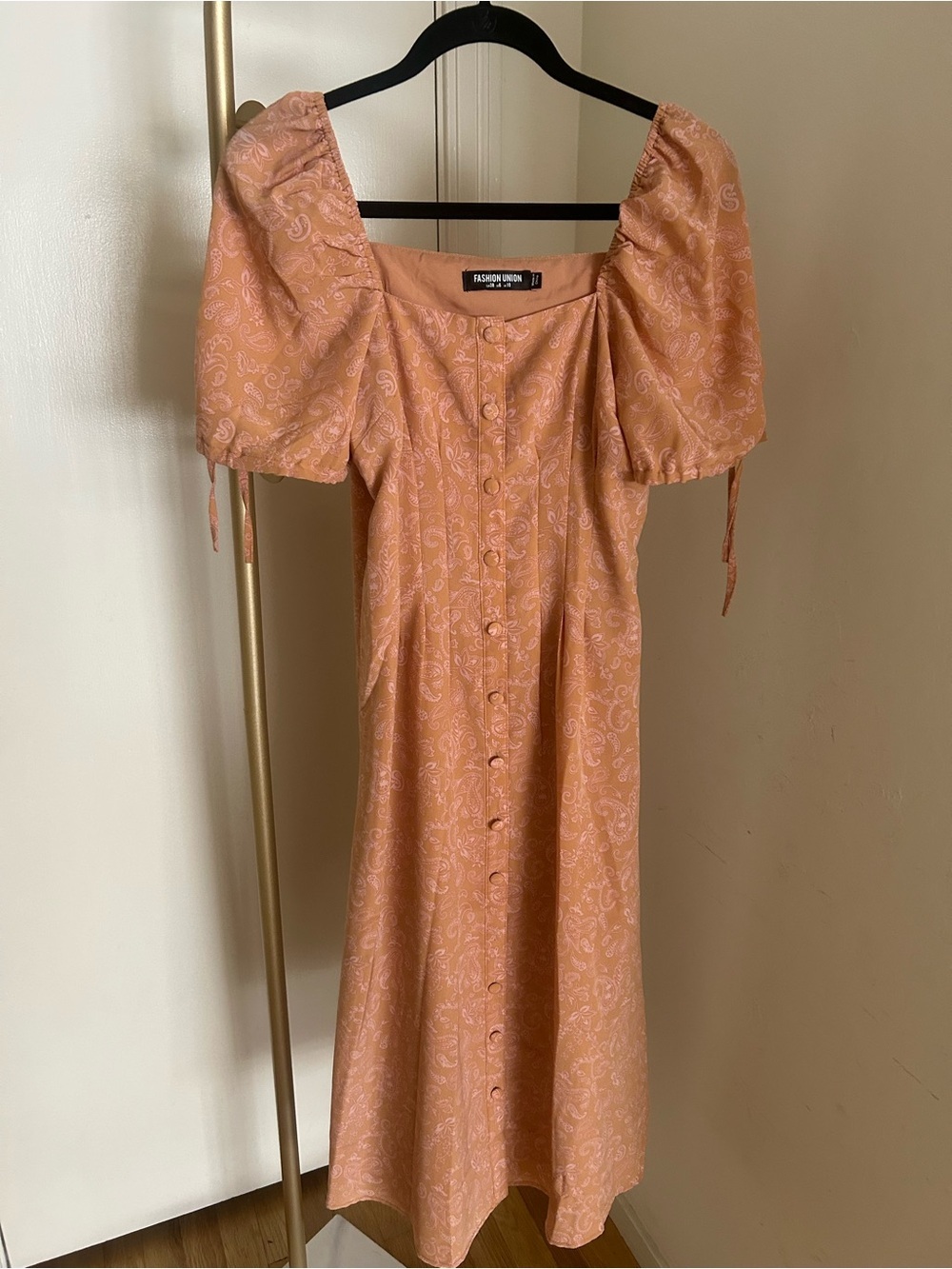 Fashion Union Peach Paisley Puff Sleeve Midi Dress Cottagecore US 6